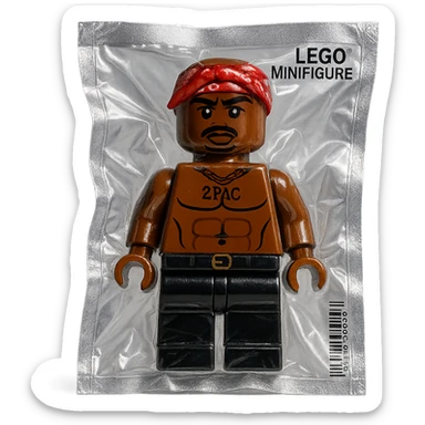 Lego minifigure of 2Pac, with signature bandana and West Coast style, glossy sticker
