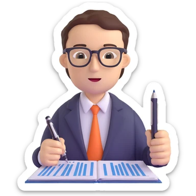 male accountant with financial reports, pen and glasses sticker