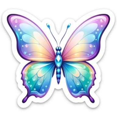 Transparent Shiny Glossy Pastel Gradient Hue Iridescent Crystal Butterfly with bright sparkles and sparkling glitter swirling around it sticker