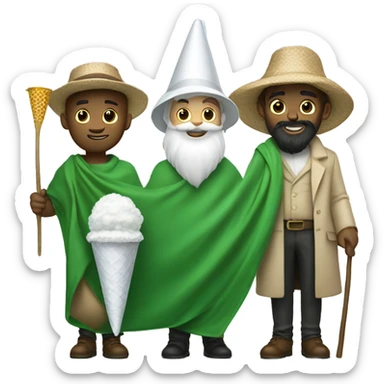 Guy with a green blanket, a white barbe with a butterfly catcher and a white cone-shaped hat sticker