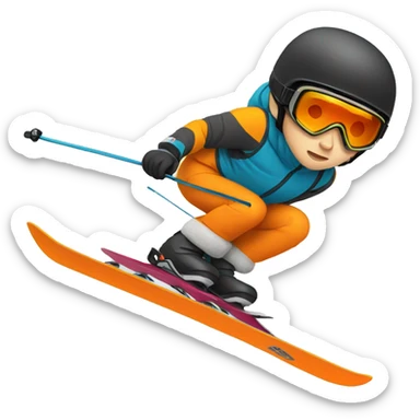 black haired boy downhill Skier with orange helmet sticker