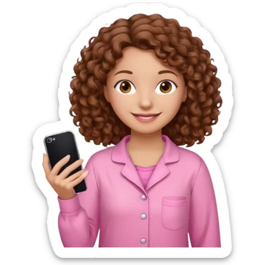 woman with curly brown hair wearing pink pajamas, iPhone emoji style sticker