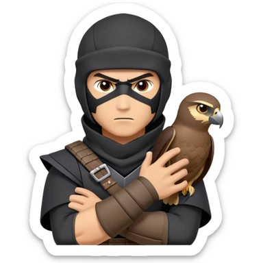 clash-of-clans-aesthetic_-cinematic-mysterious-male-ninja-portrait-emoji, rendered in a flat, vector-style with minimal shading and bold, simplified shapes, with a head slightly turned revealing intense, focused eyes. the ninja has his arm out and perched on top of his forarm is  a peregrin falcon  sticker