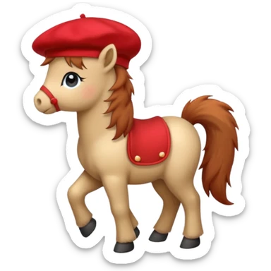 A cute pony (horse) emoji, full body, standing in side view, wearing a stylish red beret. sticker