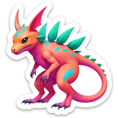 Tropical pastel dark bright vibrant futuristic lush warm-colored neon Fakémon-Vernid-Digimon-creature (full body) sticker
