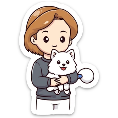 light brown hair girl with pale skin holding a white Japanese spitz dog sticker