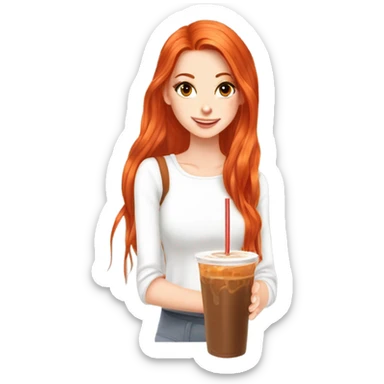 Beautiful fair skin long orange red hair girl brown eyes fair skin girly beautiful drinking straw iced ice coffee clean white beautiful sticker