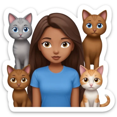 a pretty bratz dusky girl with long brown hair, blue eyes with six cats nd wearing a grey tshirt sticker