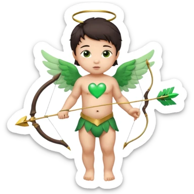cupid asian baby flying full body with wings with brown eyes and dark hair handled bow and arrow green heart breaker and looking to heart sticker