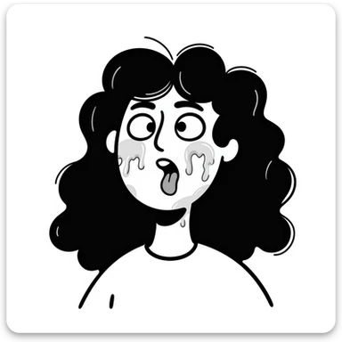 shocked woman with long messy curly black hair, thick goopy white liquid on cheeks, lips, tongue, tongue out, eyes wide open, gunk dripping and matting hair sticker