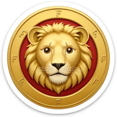 Pièce d’or ronde vue de face, lettre F gravée au centre, tête de lion fine et discrète en arrière‑plan, style emoji simple. sticker