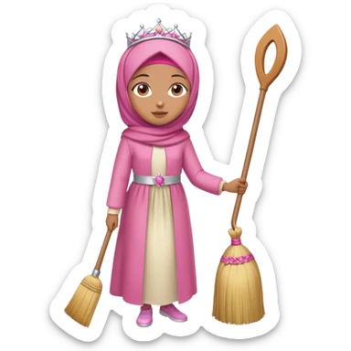 Full body girl caramel skin wearing pink hijab a cream satin set and a tiara on top of her head she is standing holding a broom sticker