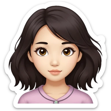 Asian girl with very long shaggy deep dark brown hair, big dark eyes. long lower lashes, cheekbones with blush. big dimples. sticker