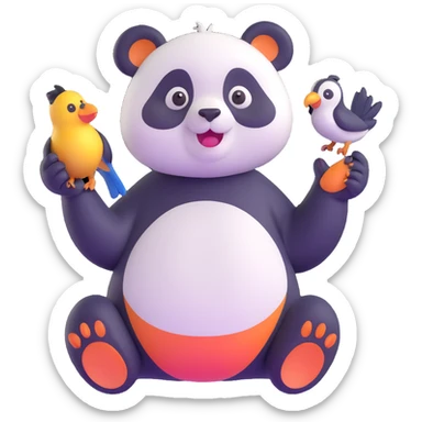 a panda with a surprised expression, a bird in its paw sticker