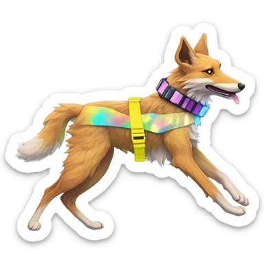  brindle fluffy lurcher Alsatian fox running blue eyes fluffy ears and iridescent holographic oilslick harness wearing paper iridescent tropical flower crown yellow caution tape neon sign sticker
