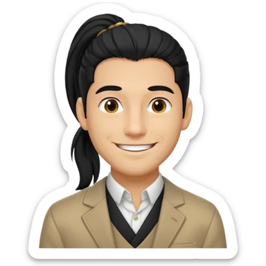 black long pony tail hair man with polite outfit smile warmly sticker