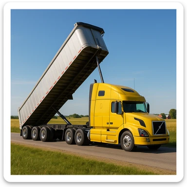 photorealistic Volvo yellow semi sleeper truck with a long silver end dump trailer, trailer raised in dumping position, side view, driving left in a realistic country landscape with open fields and distant barns, sunny day sticker