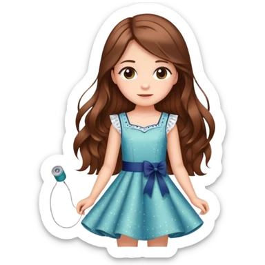 Girl with long brown hair sewing a cute dress with sparkles around her mesmerized  sticker