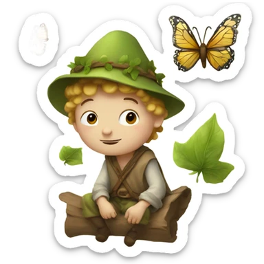 Medieval little whimsical little boy who is pale and he has a leaf hat and is riding a butterfly sticker
