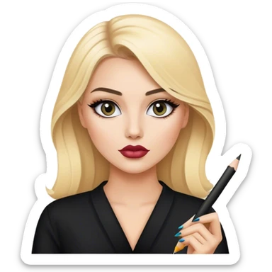 luxury blonde makeup artist model wearing black, holding pencil sticker