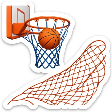 A close-up shot of a basketball soaring through the air and perfectly swishing into the basketball net. The ball is in mid-motion, with the net gently moving as the ball makes contact. The background shows a vibrant court with clear markings, capturing the excitement of a successful shot sticker