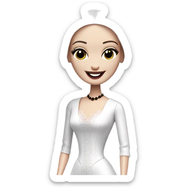 Morticia Addams Barbie at home. Smiling. Filmy nightgown . Very Pale-white porcelain skin.  sticker