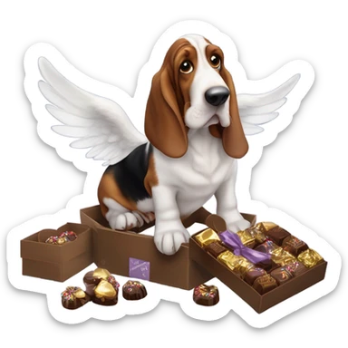 Elderly Basset hound with angel wings eating a box of chocolates sticker