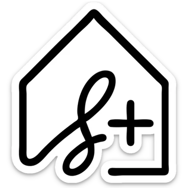 stylized house silhouette formed by a combination of a signature and a plus sign, elegant and minimal, logo-like sticker