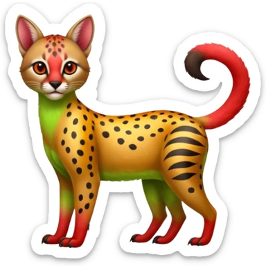 Colorful cute adorable shiny tropical exotic fruity kiwi-green lemony rosy neon-red Caracal-Cheetah-Civet-Trico-fusion-hybrid-animal-creature, full body, with tribal tattoos sticker