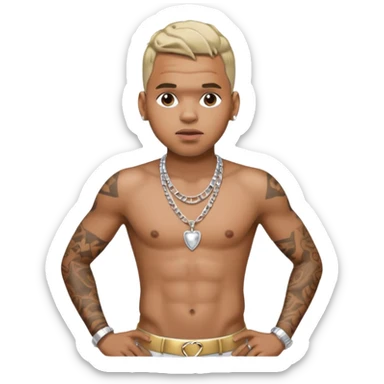 Chris Brown with silver pants, shirtless with necklace sticker