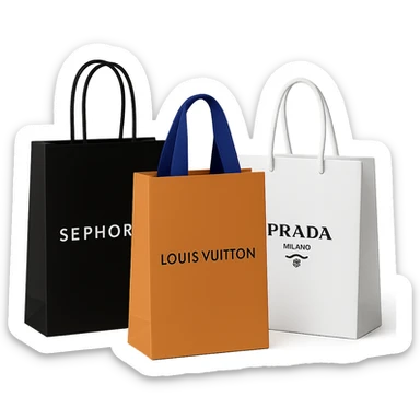 three shopping bags, one with Sephora, one with Louis Vuitton, one with Prada, high-end retail vibe sticker