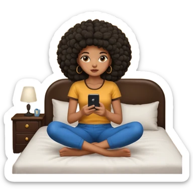 a slim thick black girl sitting on her bed with a big afro her phone sticker