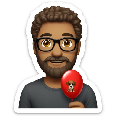 Heavy white young dad, with a big brown beard and black rectangle glasses and brown hair he’s holding a red balloon animal shaped like a dog sticker