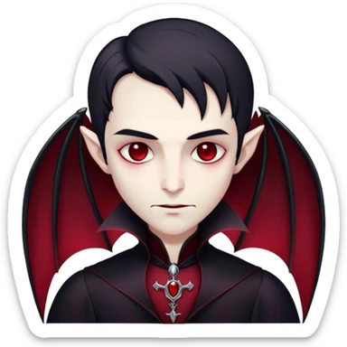 Meme-Worthy Cute Sleeping Vampire Portrait Emoji, with a refined, small, pale face softened by closed, serene eyes and a slight, peaceful smile, adorned in miniature elegant dark attire with a hint of fading crimson, simplified yet irresistibly adorable, highly detailed with a soft ethereal outline that captures the drowsy charm of a vampire in quiet nighttime slumber! sticker