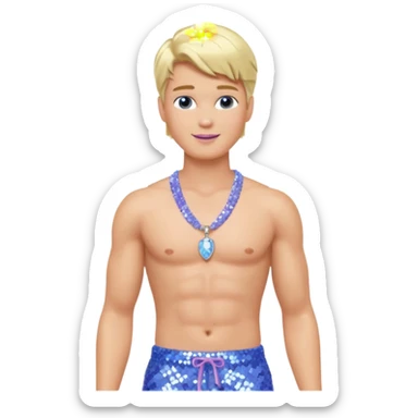 Ken from Barbie with blonde hair, perwinkle sequin baggy pants, shirtless with necklace  sticker