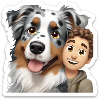blue merle australian shepherd dog next to owner white boy brown curly hair sticker