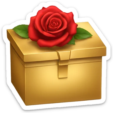 A gold box with red rose sticker