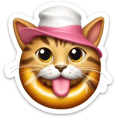 A cat wearing a hotdog hat and eating a donut sticker
