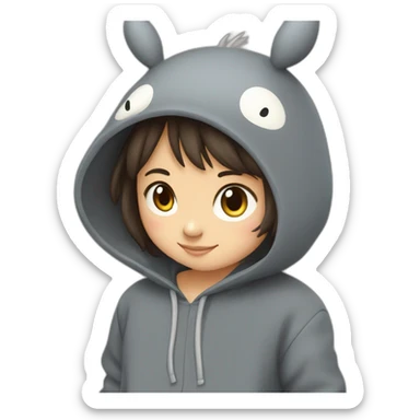 Fille Brune avec un sweat-capuche Totoro gris foncé avec les rond clair de Totoro sur ventre  sticker