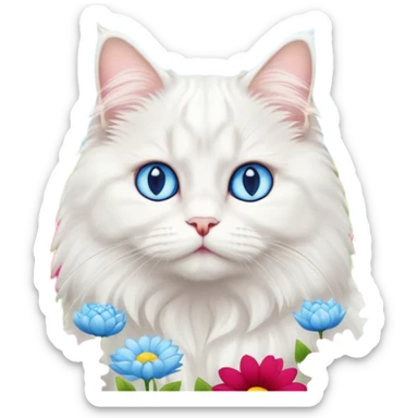 White persian male cat turkish angore with skky blue eyes standing in feed of flowers sticker