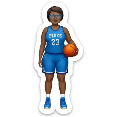 Full Body plus size white female with short dark hair with highlights spike hair wearing blue glasses basketball player wearing blue green uniform smiling sticker