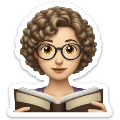 white girl with round silver glasses and really short brown curly hair reading a book sticker