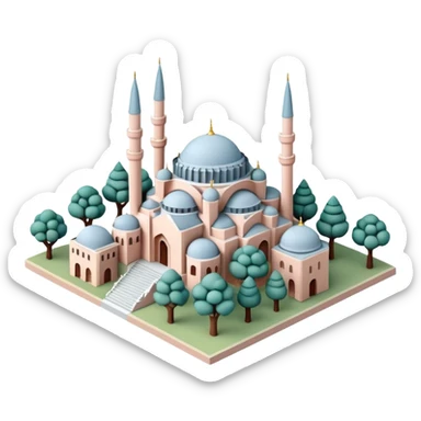 Isometric miniature of Istanbul, centered on Hagia Sophia with domes and minarets, surrounded by a few low-rise buildings and greenery, in pastel diorama style, soft shading. sticker