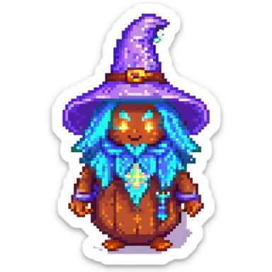Add a magical glowing aura around the wizard bean in pixel art style with no background. sticker