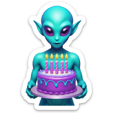 A neon-colored alien holding a holographic birthday cake, 1980s vaporwave aesthetic, grid floor, purple and cyan sunset, glitch effects, synthwave atmosphere, retro futuristic style
 sticker