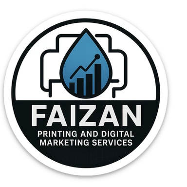 professional round logo for 'Faizan Printing and Digital Marketing Services' combining an ink drop and stylized digital graph, with printer outline subtly integrated, blue black and white color palette, bold modern typography, faint pixel or circuit pattern in background, corporate versatile design sticker