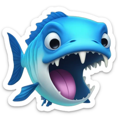 dark blue magic fat thing with a cyen face and a cyan fish fin and a open mouth and big teeth sticker