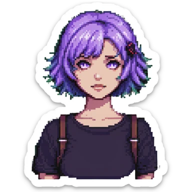Girl with short purple hair, pixel art style sticker