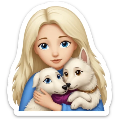 White Shepard short fur Brown eyes .the Dog ist huggin from a Long-haired blonde lady with blue eyes sticker