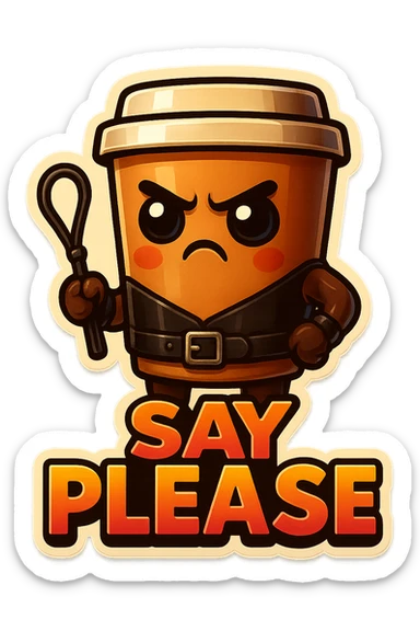 Tall coffee cup, dressed in leather holding a whipping crop, eyebrow furrowed, "big "Say Please" sticker